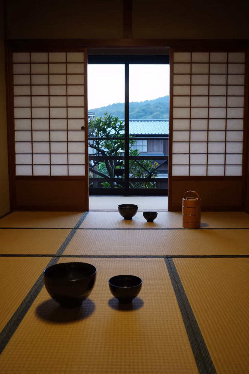 Pre-Dawn Tea Ceremony Room in Kanazawa in in a quiet tearoom with shoji screens in Kanazawa