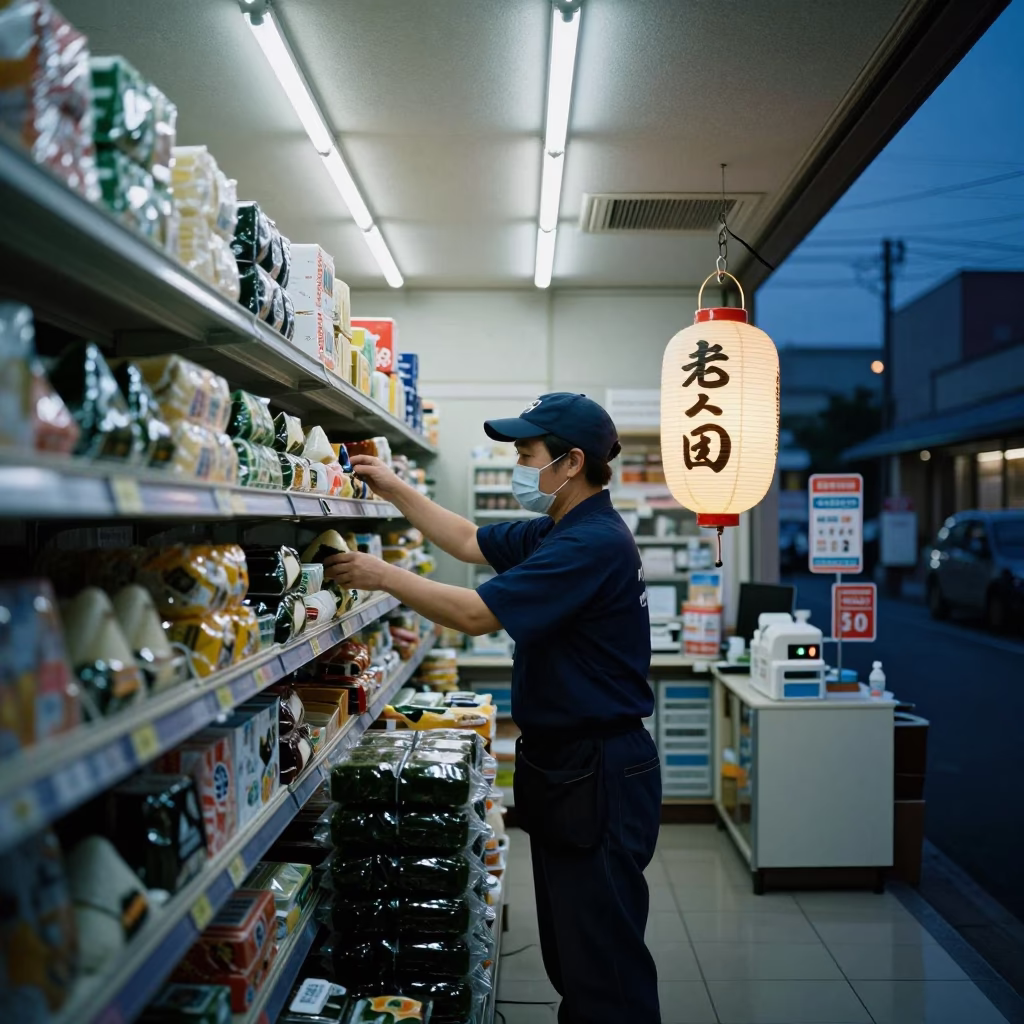 Pre-dawn Tokyo Convenience Store Clerk Restocking Shelves with Lantern Light in in Tokyo, Japan