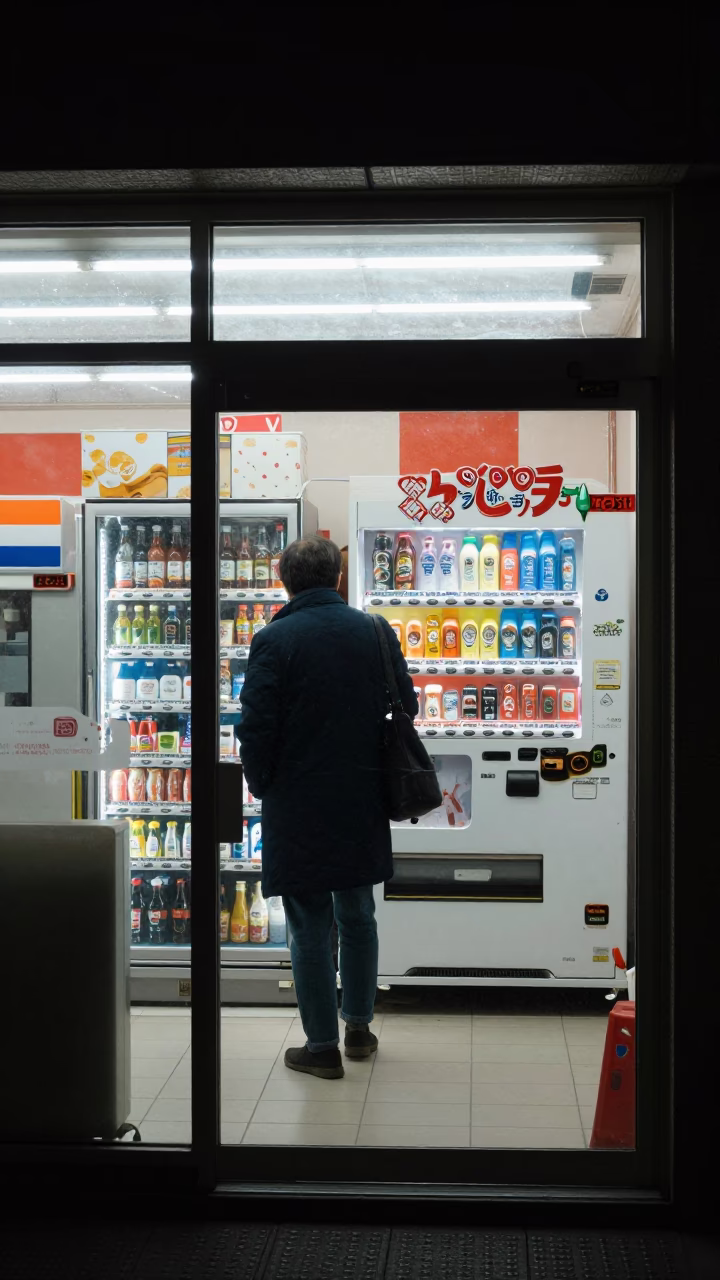 Pre-dawn Tokyo Convenience Store Interior with Customer and Vending Machine in in Tokyo, Japan