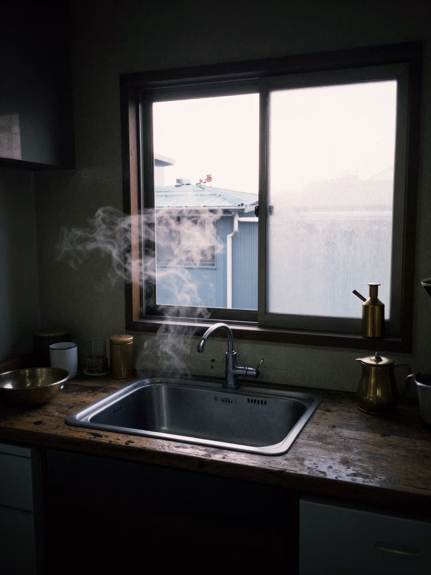 Pre-dawn Tokyo Kitchen Scene with Steam and Vintage Brass Fixtures in in Tokyo, Japan