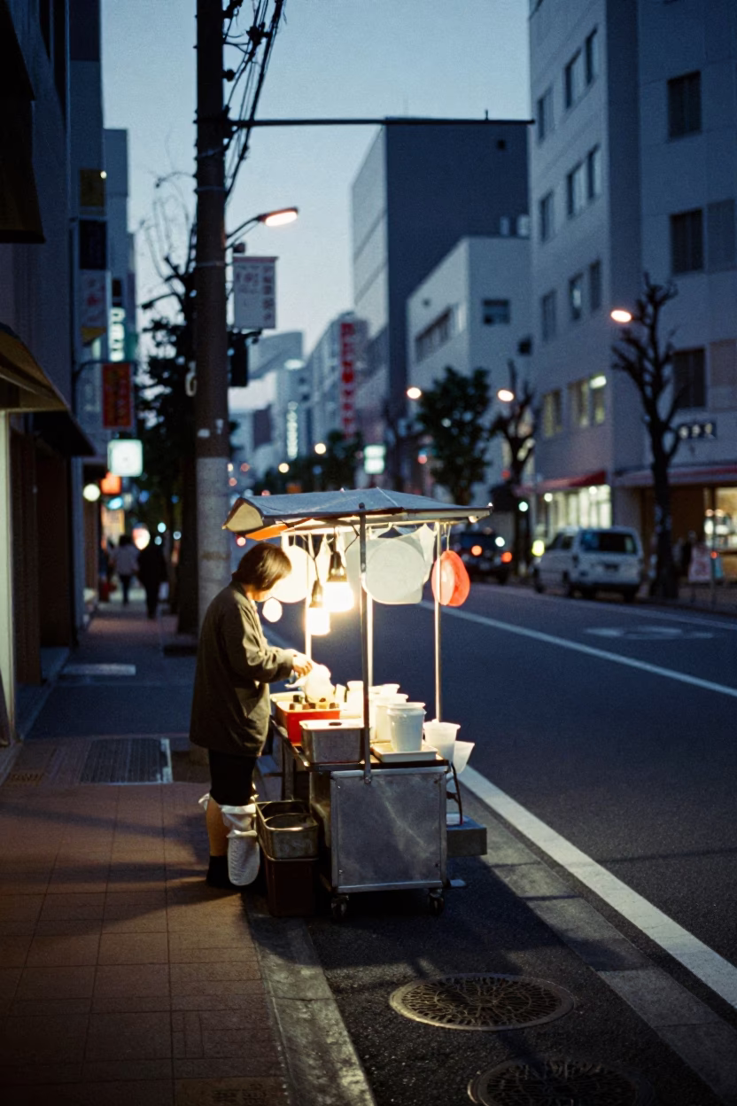 Pre-dawn Tokyo Street Scene with Vendor Stall and Early Commuters in 1960s Japan in in Tokyo, Japan