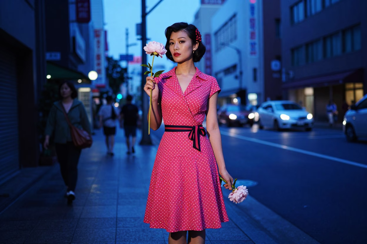 Pre-dawn Tokyo Street Scene with Vintage Fashion Model and Neon Reflections in in Tokyo, Japan