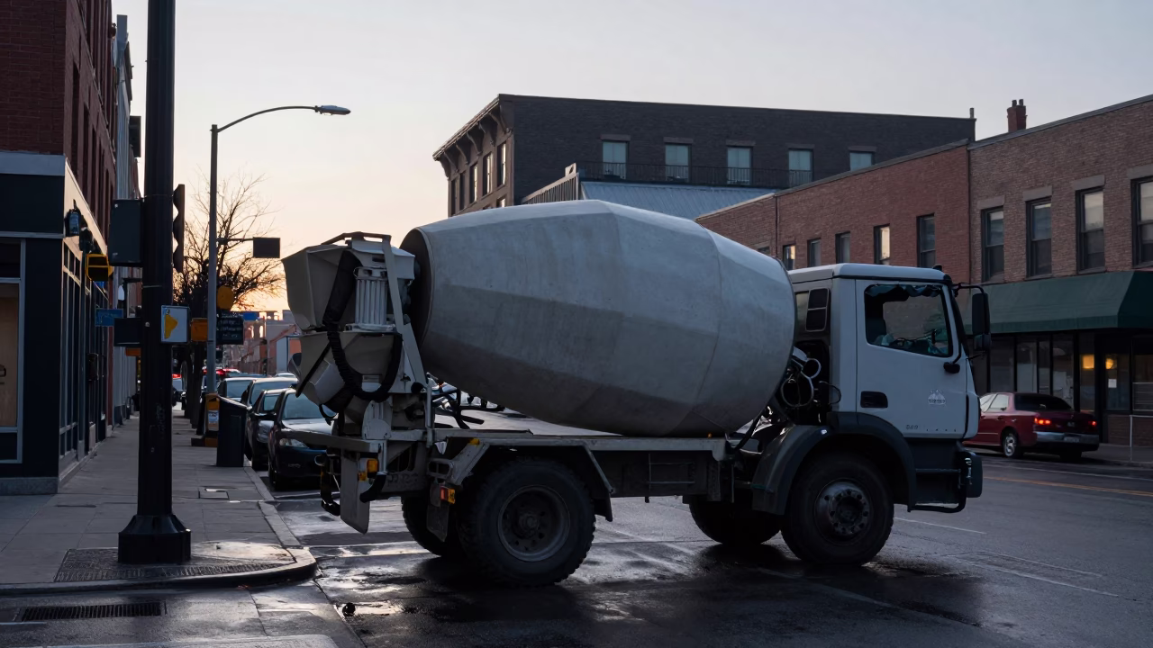 Pre-Dawn Toronto Street Scene with Cement Mixer and Urban Construction Activity in in Toronto, Ontario, Canada