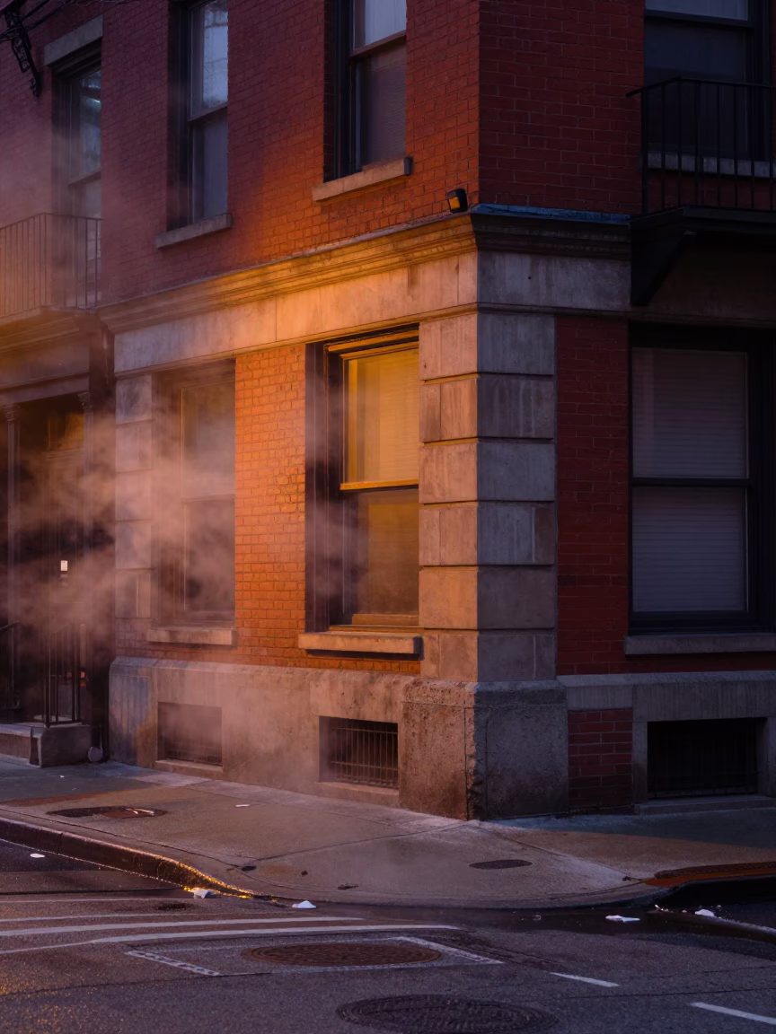 Pre-Dawn Toronto Street Scene with Condensation and Vintage Urban Details in in Toronto, Ontario, Canada