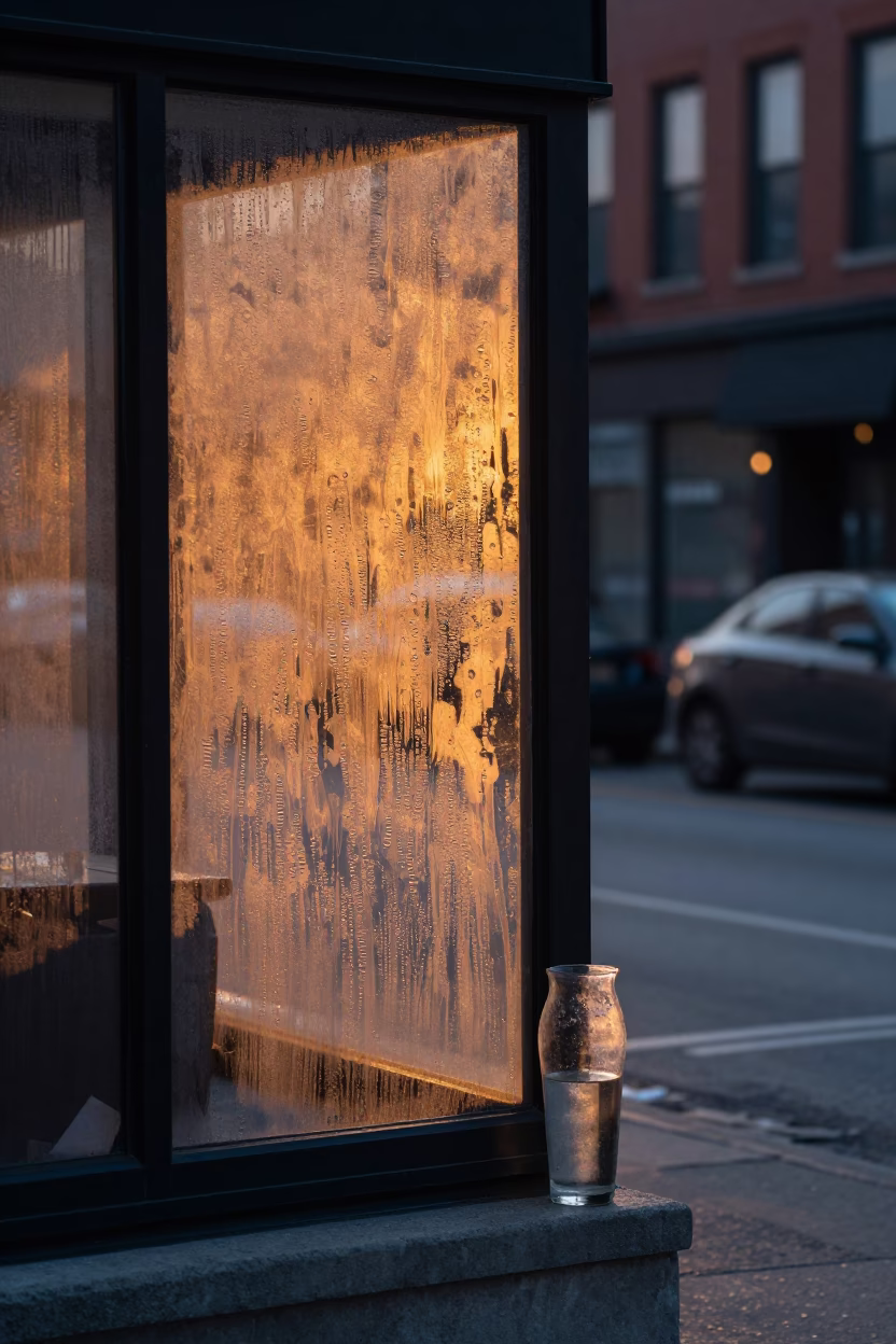 Pre-Dawn Toronto Street Scene with Condensation on Glass and Ceramic Bowl in in Toronto, Ontario, Canada
