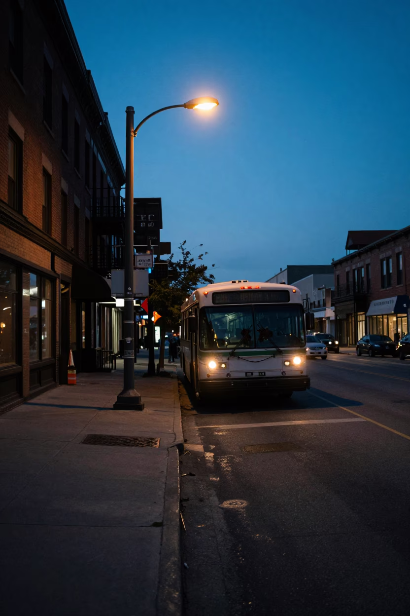 Pre-Dawn Toronto Street Scene with Vintage Bus and Urban Infrastructure in in Toronto, Ontario, Canada