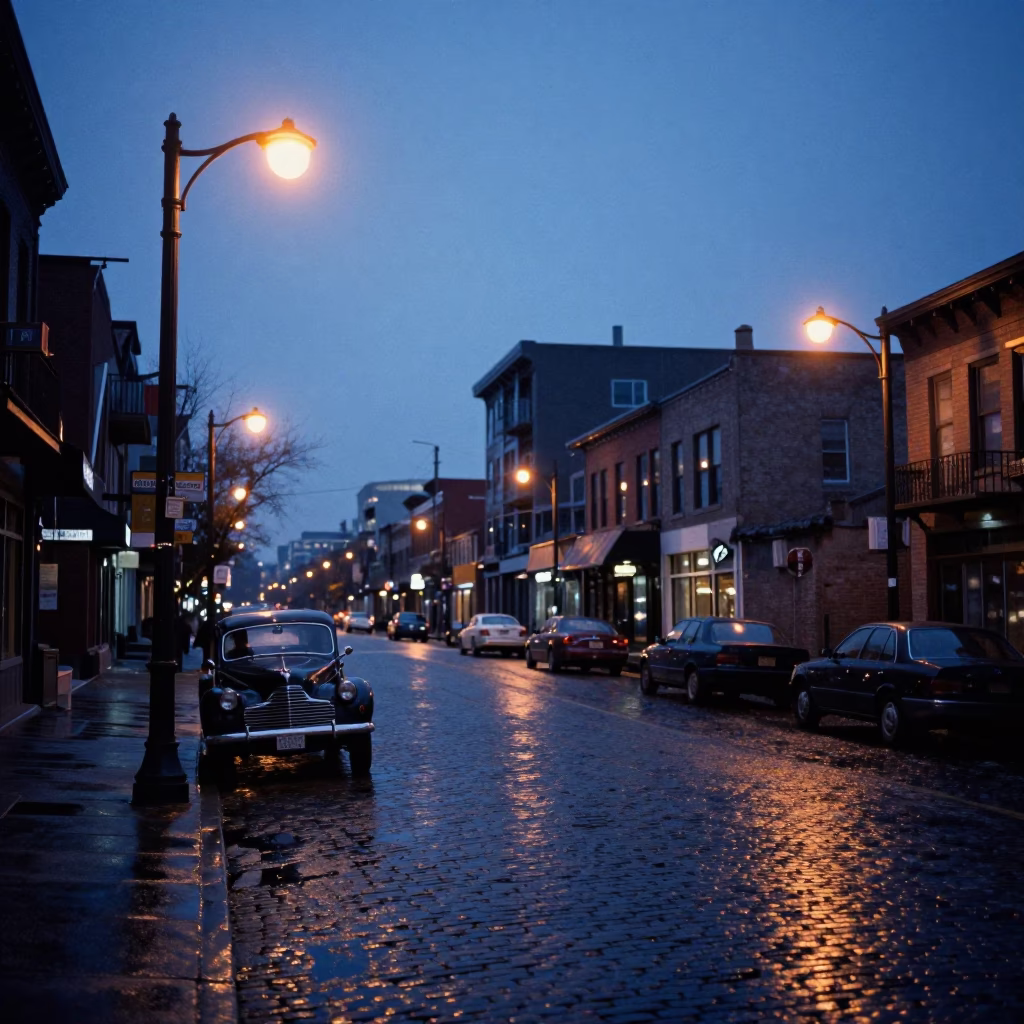 Pre-Dawn Toronto Street Scene with Vintage Cars and City Lights in in Toronto, Ontario, Canada