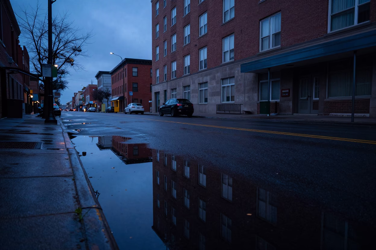Pre-Dawn Toronto Street Scene with Wet Puddle Reflections and City Lights in in Toronto, Ontario, Canada