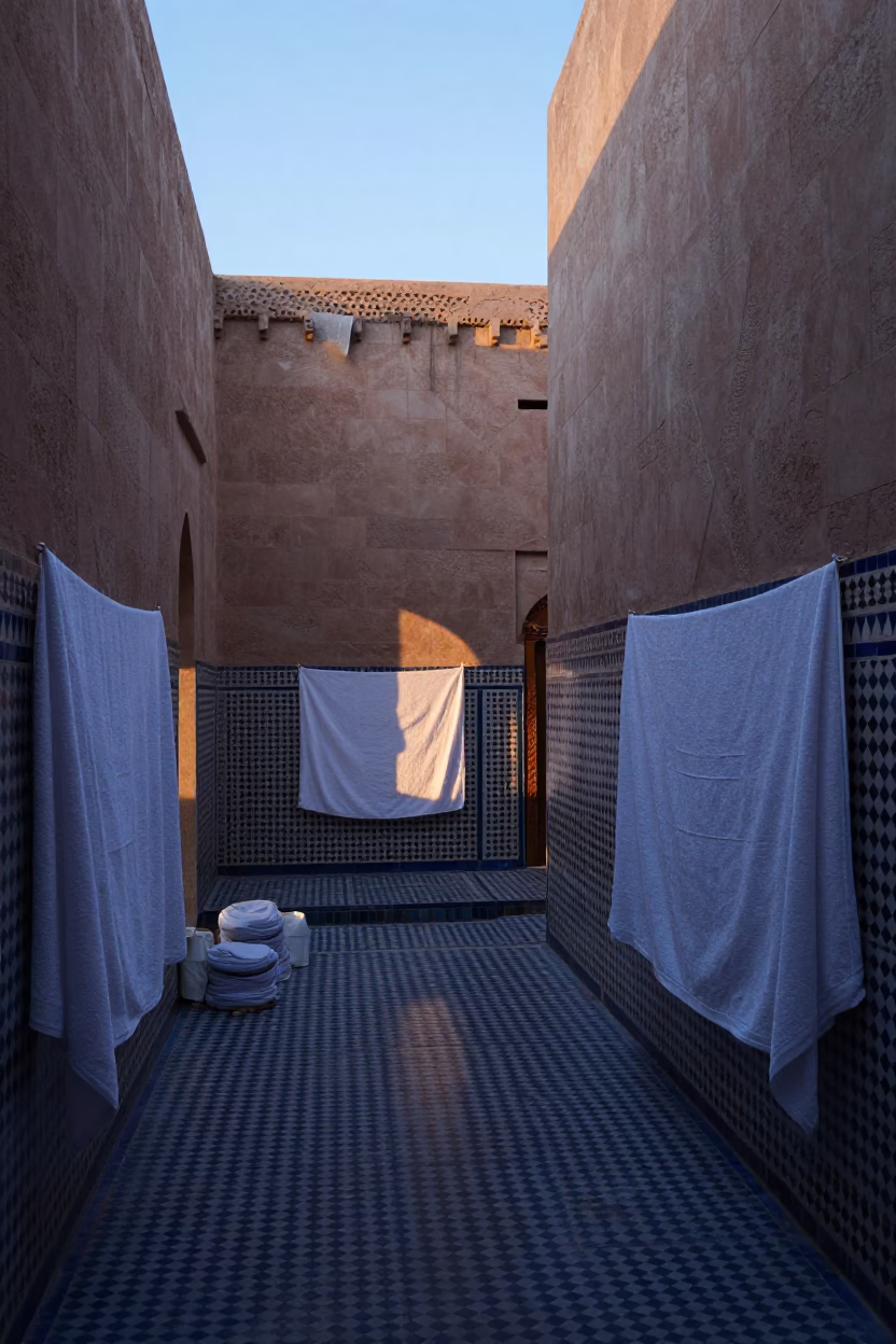 Pre-Dawn Traditional Hammam Courtyard in Fez Morocco with Drying Towels in in Fez, Morocco