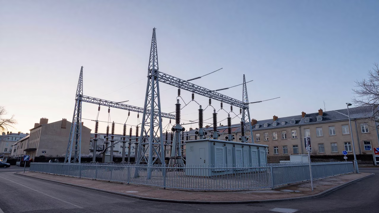 Pre-Dawn Transmission Substation in Hoarfrost Outside Lyon France Cityscape in in Lyon, France