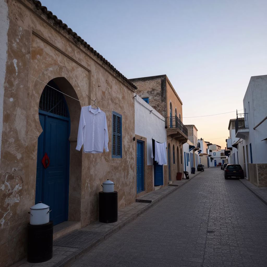 Pre-dawn Tunis street scene with laundry hanging and enamelware detail in in Tunis, Tunisia
