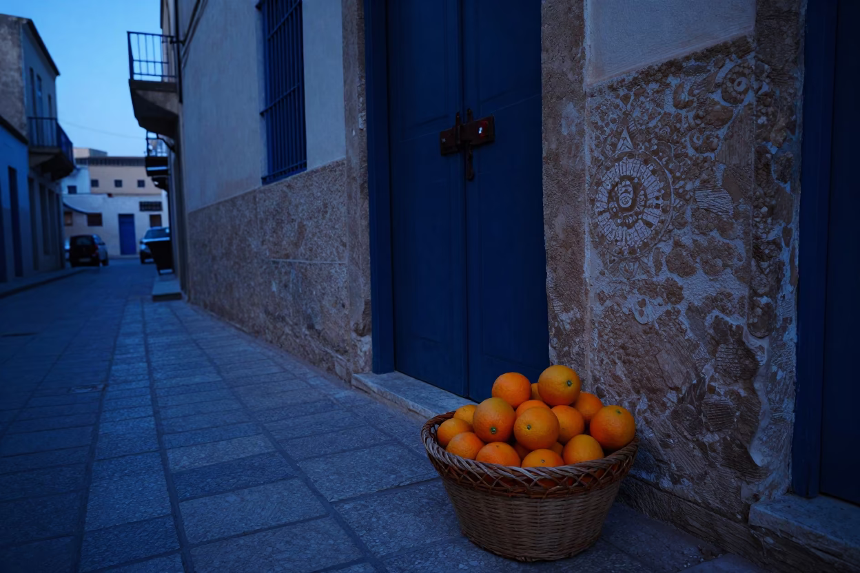 Pre-dawn Tunis street scene with oranges and iron deadbolt in in Tunis, Tunisia