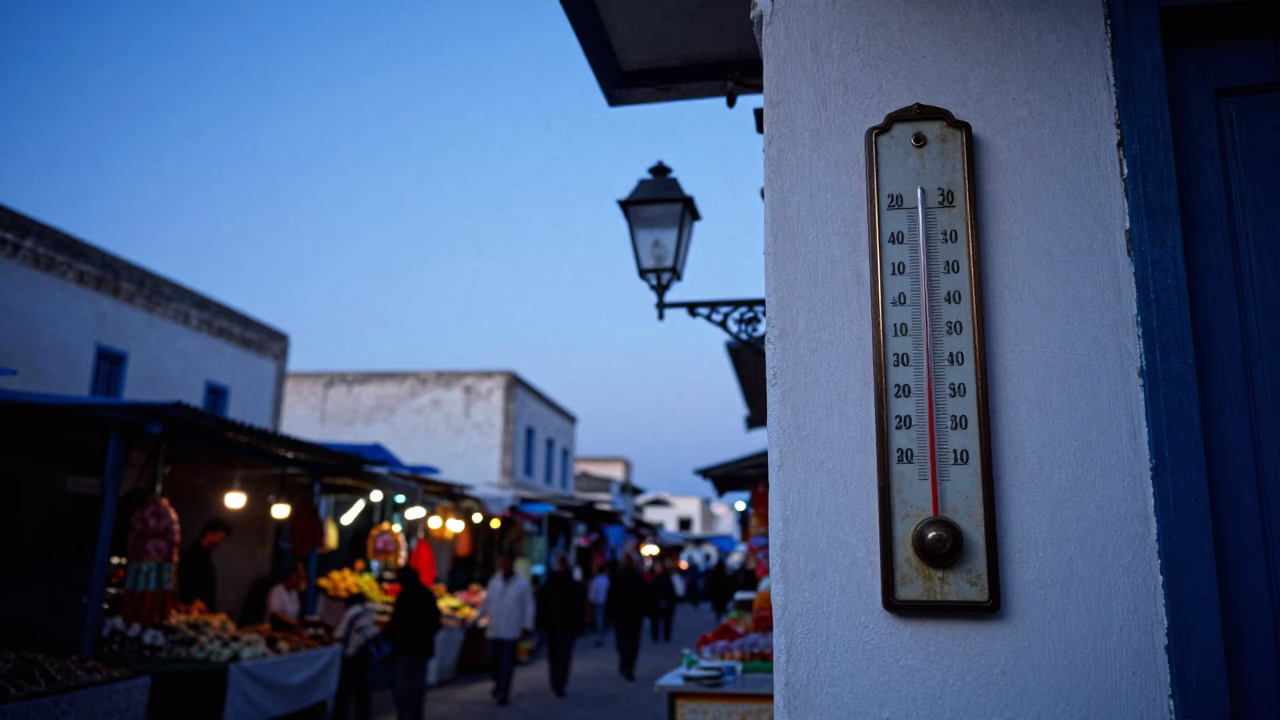 Pre-dawn Tunis street scene with thermometer and morning market goods in in Tunis, Tunisia