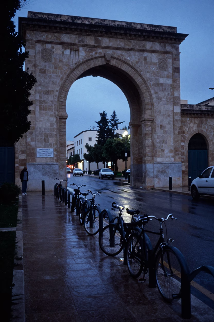 Pre-dawn Tunis street scene with university archway and wet bicycle rack in in Tunis, Tunisia