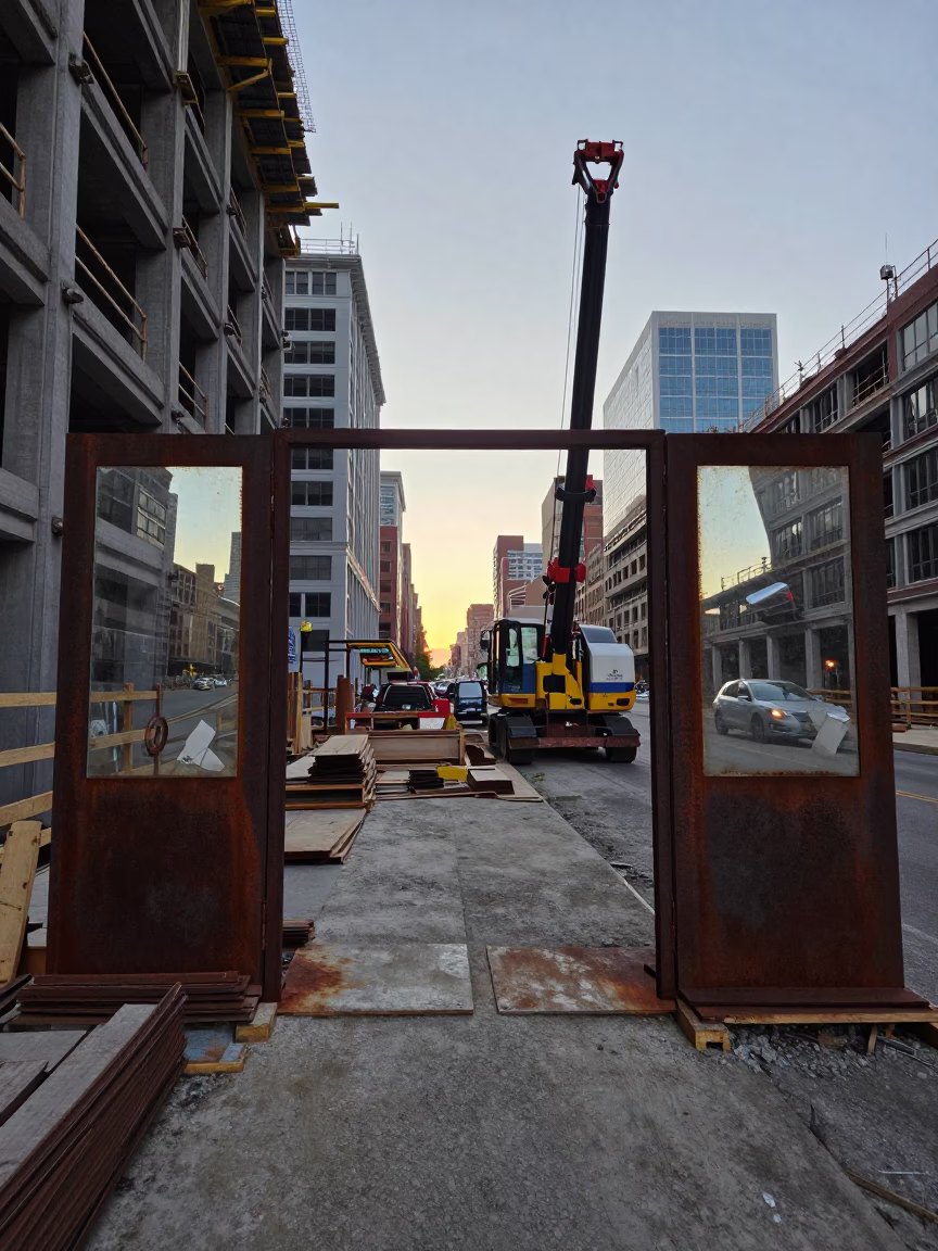 Pre-Dawn Urban Construction Site with Rusting Mirrors and Rebar in Philadelphia Pennsylvania in in Philadelphia, Pennsylvania, United States