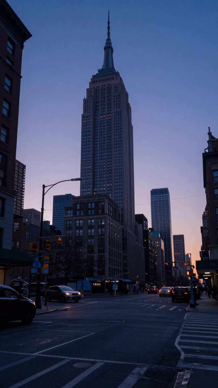 Pre-Dawn Urban Stillness in New York City Street Corner Before Sunrise in in New York, New York, United States