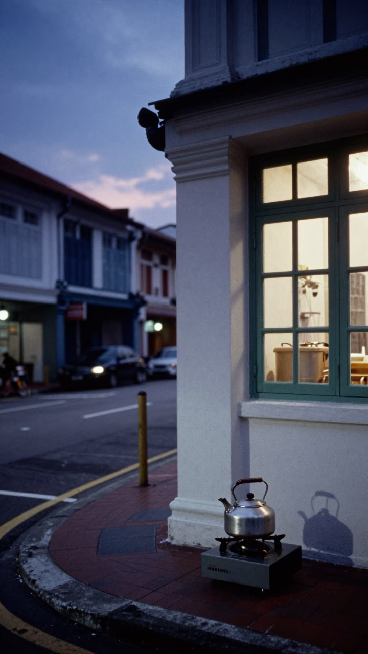 Pre-Dawn Urban Street Scene in Singapore with Kettle and Window Light Before Dawn in in Singapore, Singapore