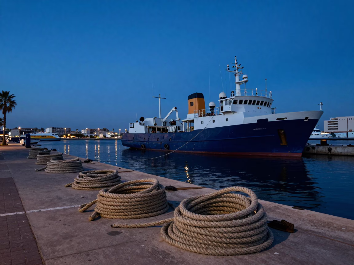 Pre-dawn Valencia harbor scene with coiled ropes and research vessel at dock in in Valencia, Spain