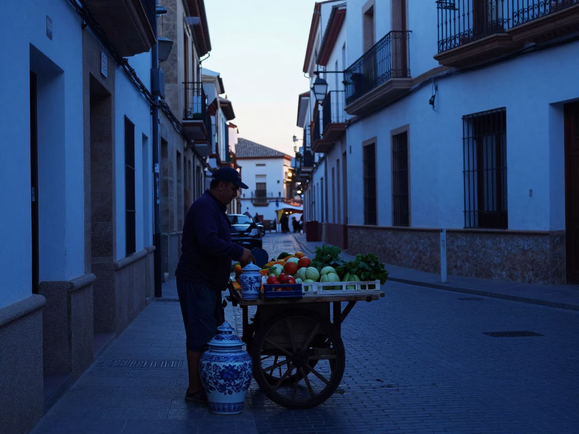Pre-dawn Valencia Street Scene with Blue Porcelain Jar and Paint Flecks in in Valencia, Spain