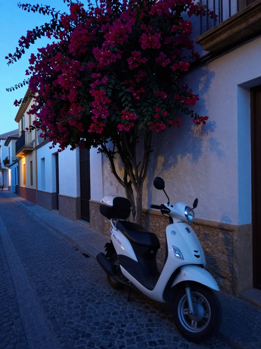 Pre-dawn Valencia street scene with bougainvillea and parked scooter in old town in in Valencia, Spain