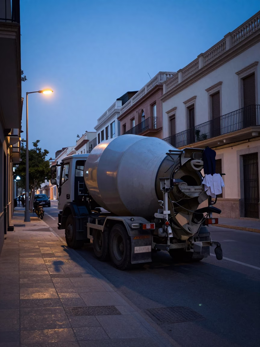 Pre-dawn Valencia Street Scene with Construction Mixer and Shirt Hanger in in Valencia, Spain