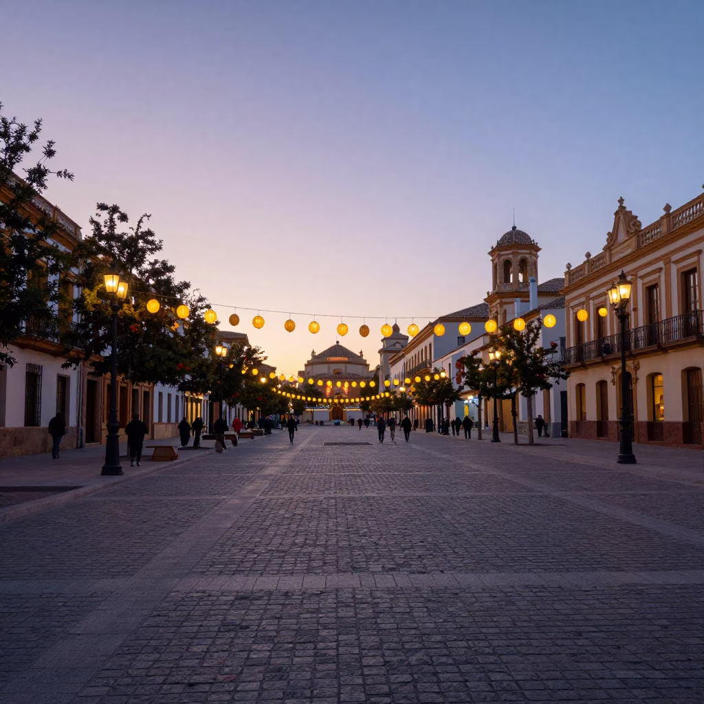 Pre-dawn Valencia street scene with lantern festival preparations and traditional architecture in in Valencia, Spain