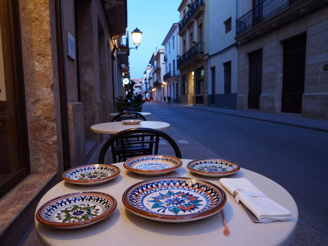 Pre-dawn Valencia street scene with majolica plates and string lights in in Valencia, Spain