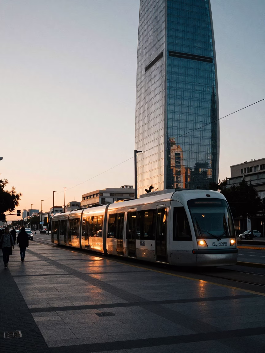 Pre-dawn Valencia Street Scene with Monorail Reflection in Glass Skyscraper in in Valencia, Spain