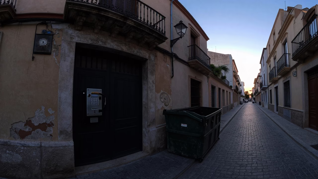 Pre-dawn Valencia street scene with vintage telephone and urban decay in in Valencia, Spain