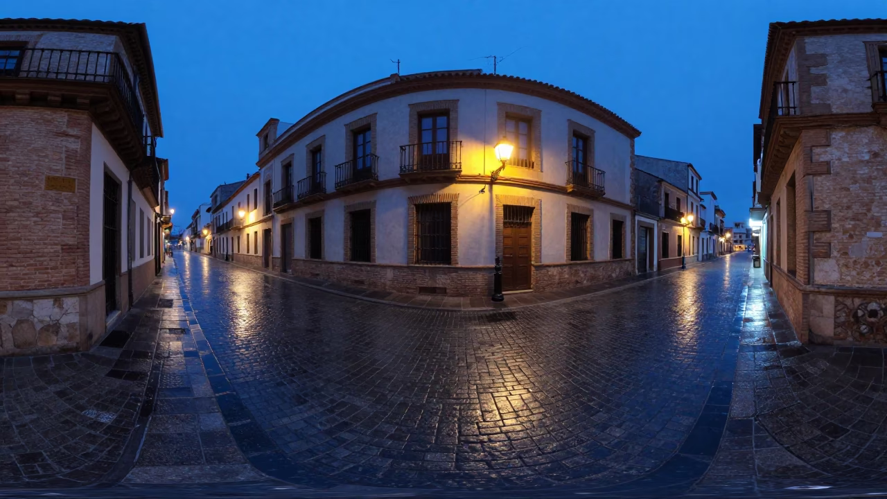 Pre-dawn Valencia street scene with wet cobblestones and brick architecture in in Valencia, Spain