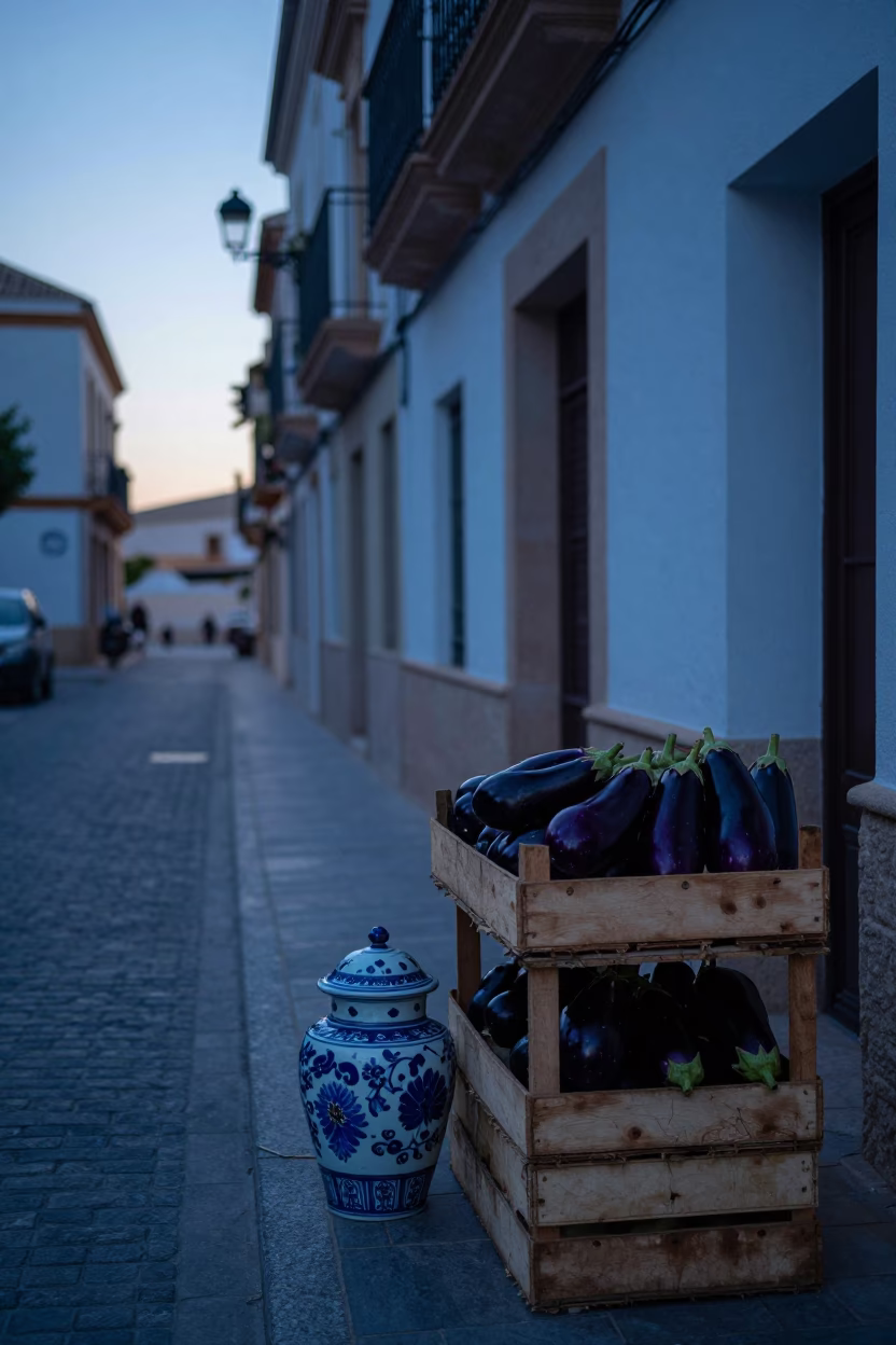 Pre-Dawn Valencia Streets with Blue Porcelain Jar and Eggplants at Market in in Valencia, Spain