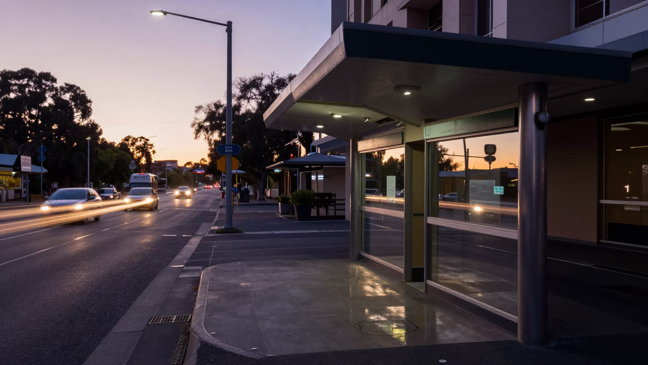 Pre-dawn Valet Stand Reflections in Adelaide South Australia Street Scene in in Adelaide, South Australia, Australia
