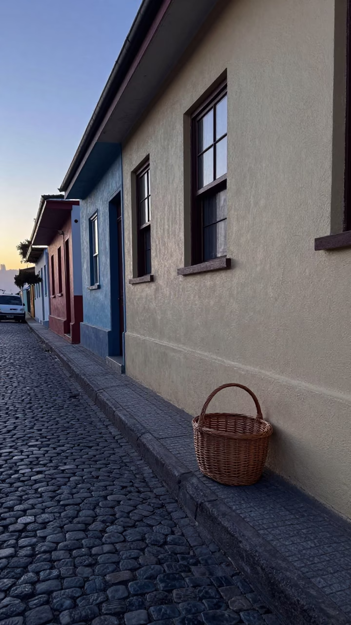 Pre-dawn Valparaiso Chile Cobblestone Street with Wicker Basket and Morning Light in in Valparaiso, Chile