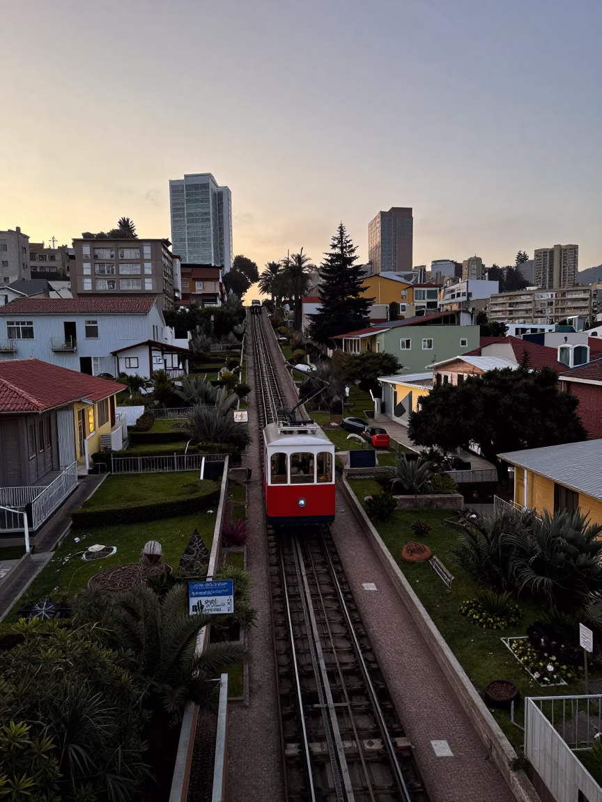 Pre-dawn Valparaiso Chile Funicular Railway Rising Through Steep Terraced Gardens in in Valparaiso, Chile