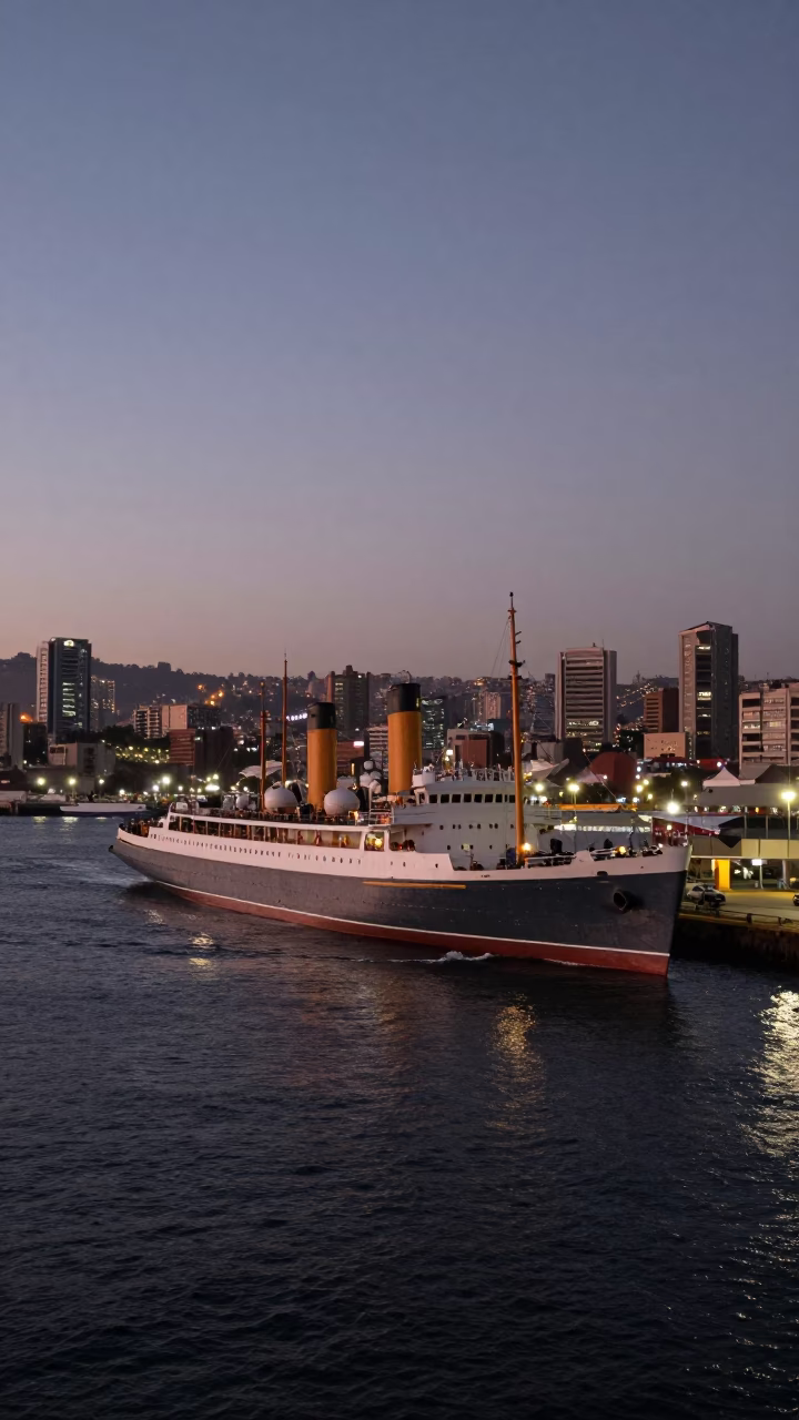 Pre-dawn Valparaiso Chile Harbor with Steamship and City Lights in in Valparaiso, Chile