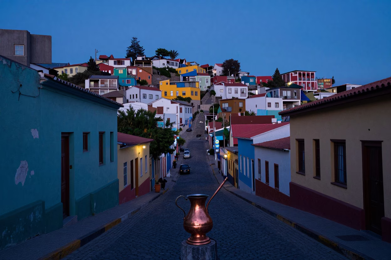 Pre-dawn Valparaiso Chile Street Scene with Copper Cezve and Early Morning Activity in in Valparaiso, Chile