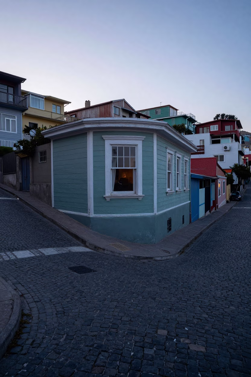 Pre-dawn Valparaiso Chile Street Scene with Curved Window and Vintage Model Ship in in Valparaiso, Chile