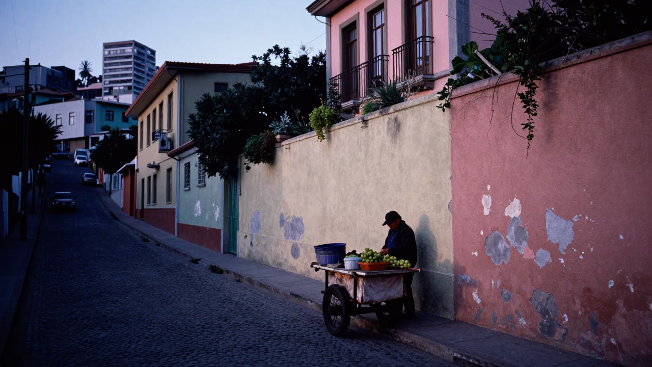 Pre-Dawn Valparaiso Chile Street Scene with Grapes and Urban Architecture in in Valparaiso, Chile