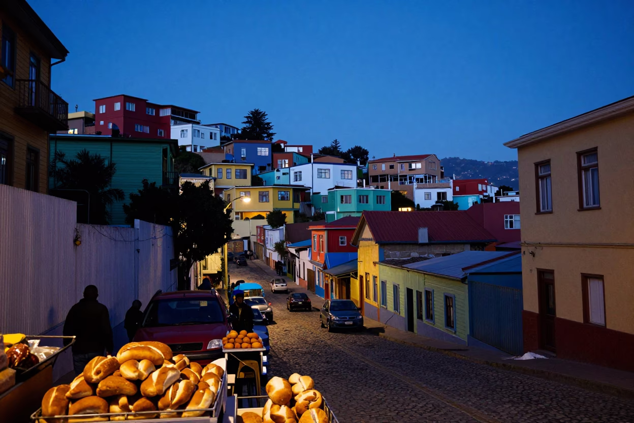 Pre-dawn Valparaiso Chile Street Scene with Local Market Bread and Colorful Architecture in in Valparaiso, Chile