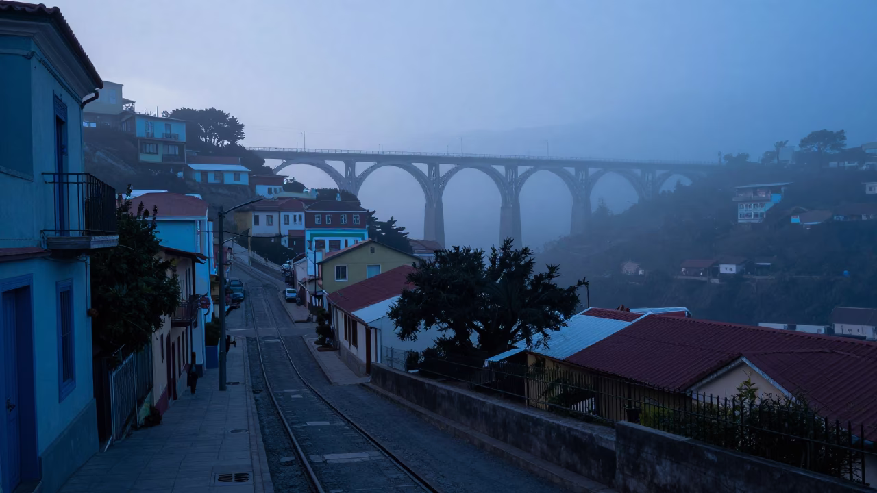 Pre-dawn Valparaiso Chile Street Scene with Railway Viaduct and Fog in in Valparaiso, Chile