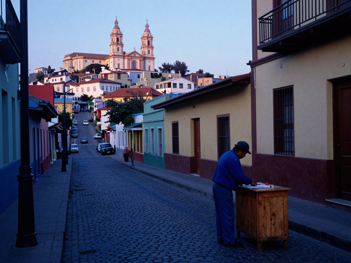 Pre-dawn Valparaiso Chile street scene with rubber stamp and historic architecture in in Valparaiso, Chile