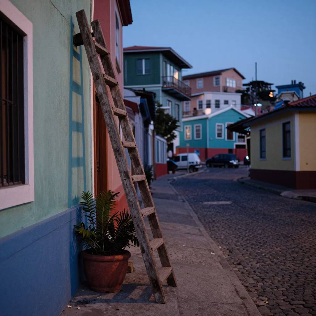 Pre-dawn Valparaiso Chile Street Scene with Wooden Ladder and Houseplant in in Valparaiso, Chile