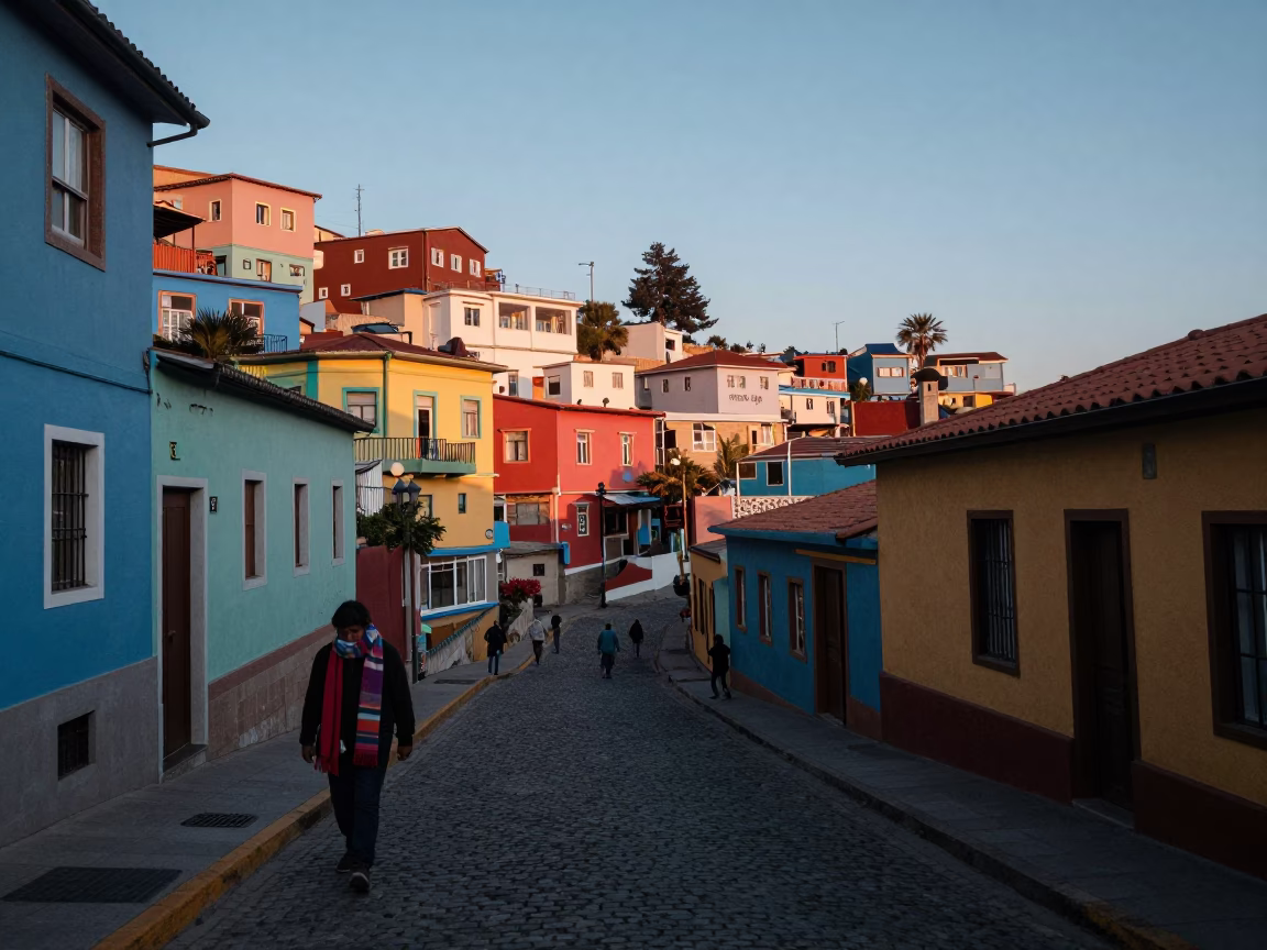 Pre-dawn Valparaiso Chile Street Scene with Wool Scarves and Colorful Hillside Houses in in Valparaiso, Chile