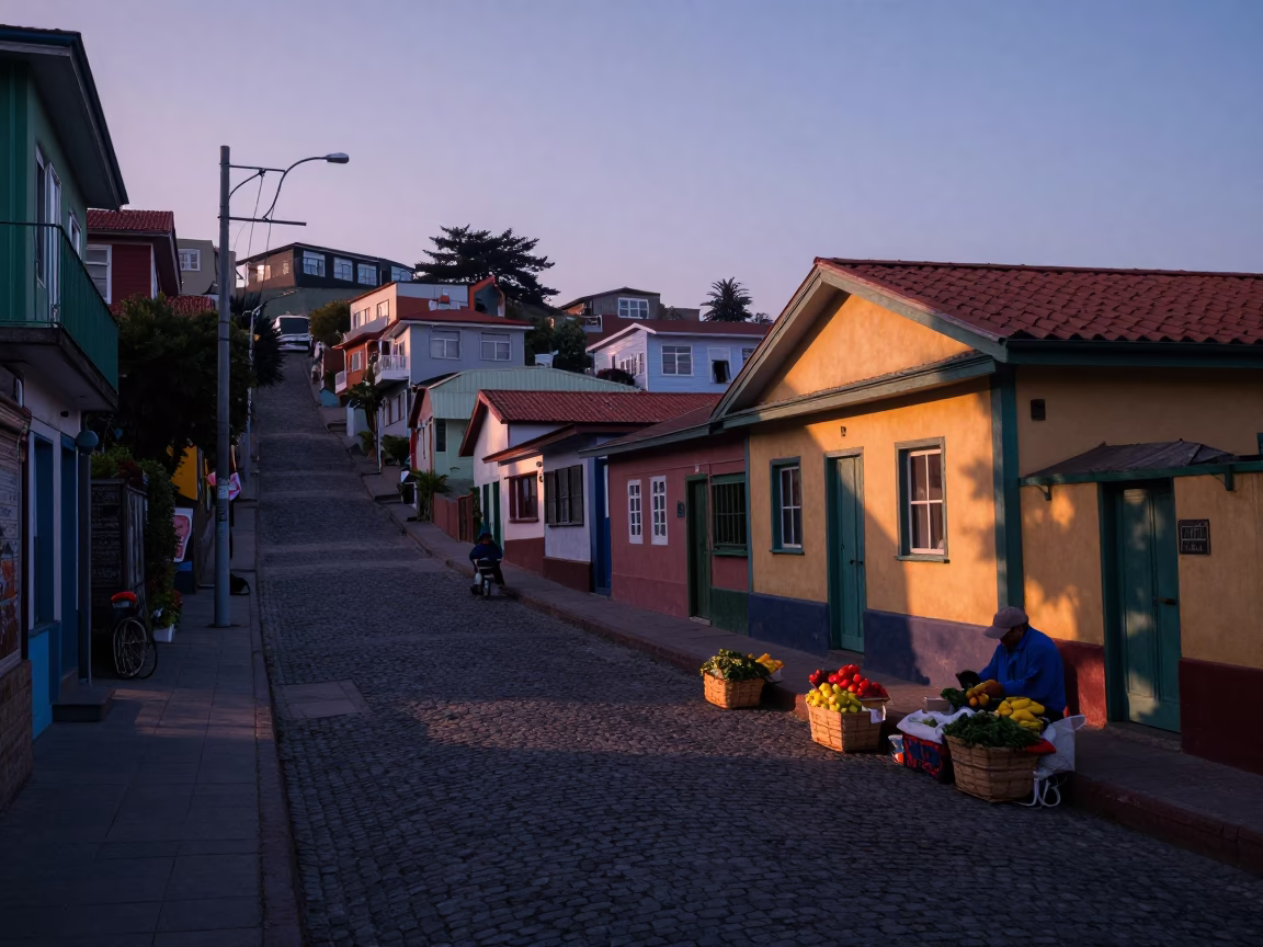 Pre-dawn Valparaiso Chile street scene with woven basket fibers catching light in in Valparaiso, Chile