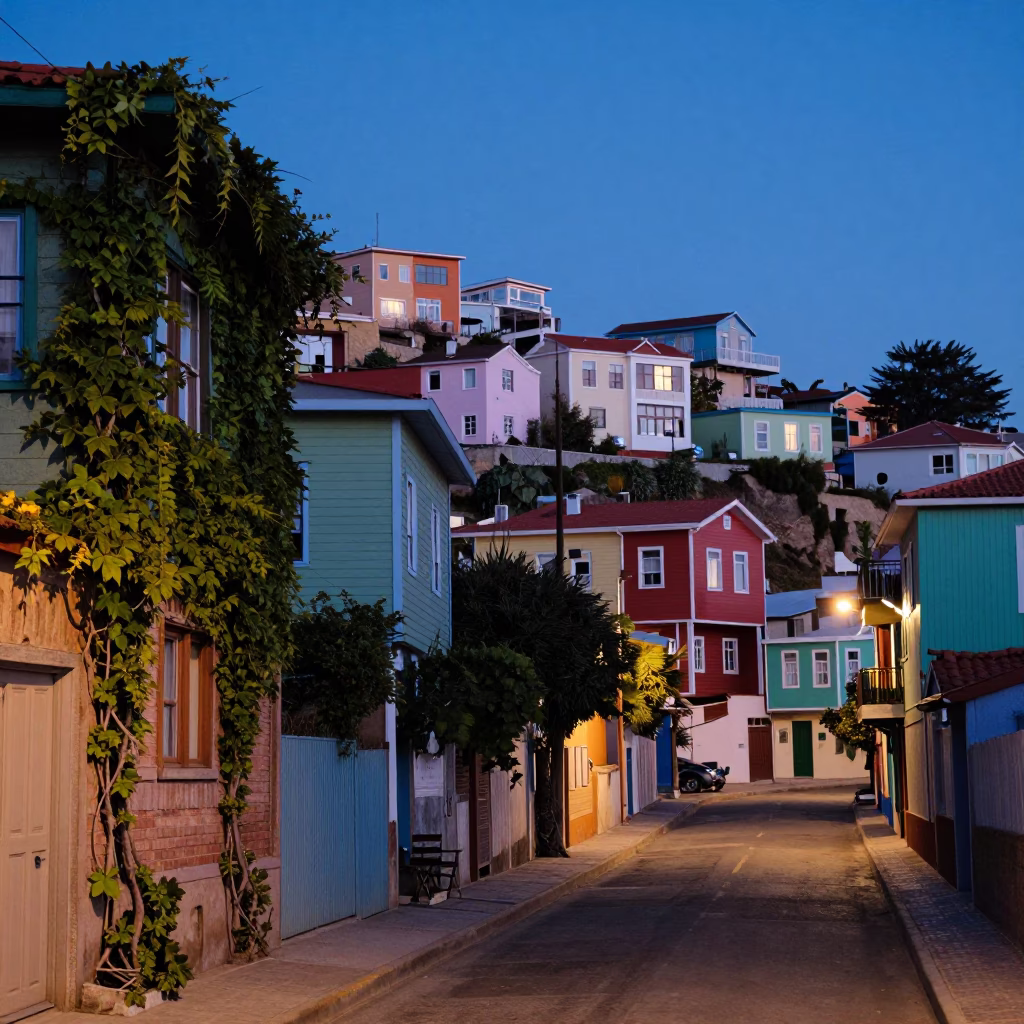 Pre-dawn Valparaiso street scene with climbing vines and colorful hillside houses in in Valparaiso, Chile