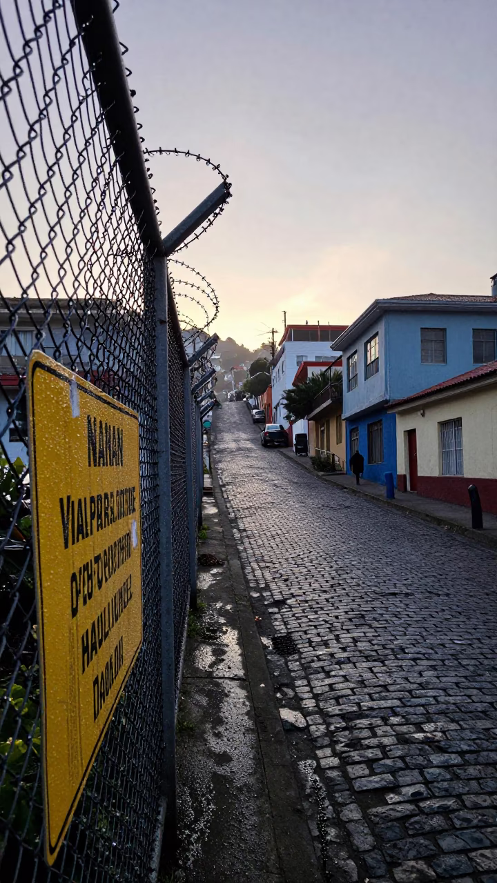 Pre-Dawn Valparaiso Street Scene with Dew on Substation Fence and Tugboat in Harbor in in Valparaiso, Chile