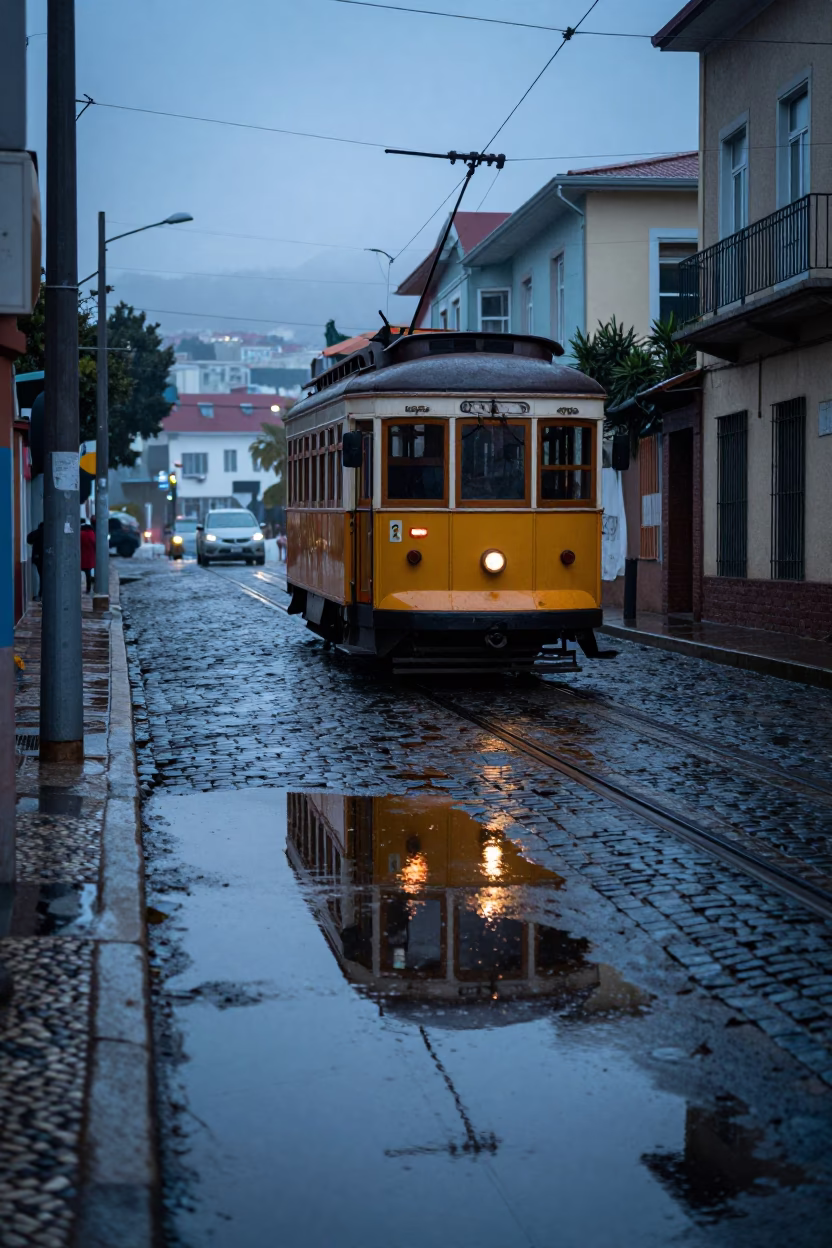 Pre-dawn Valparaiso Tramcar Reflection in Rain Puddles on Cobblestone Streets Chile in in Valparaiso, Chile
