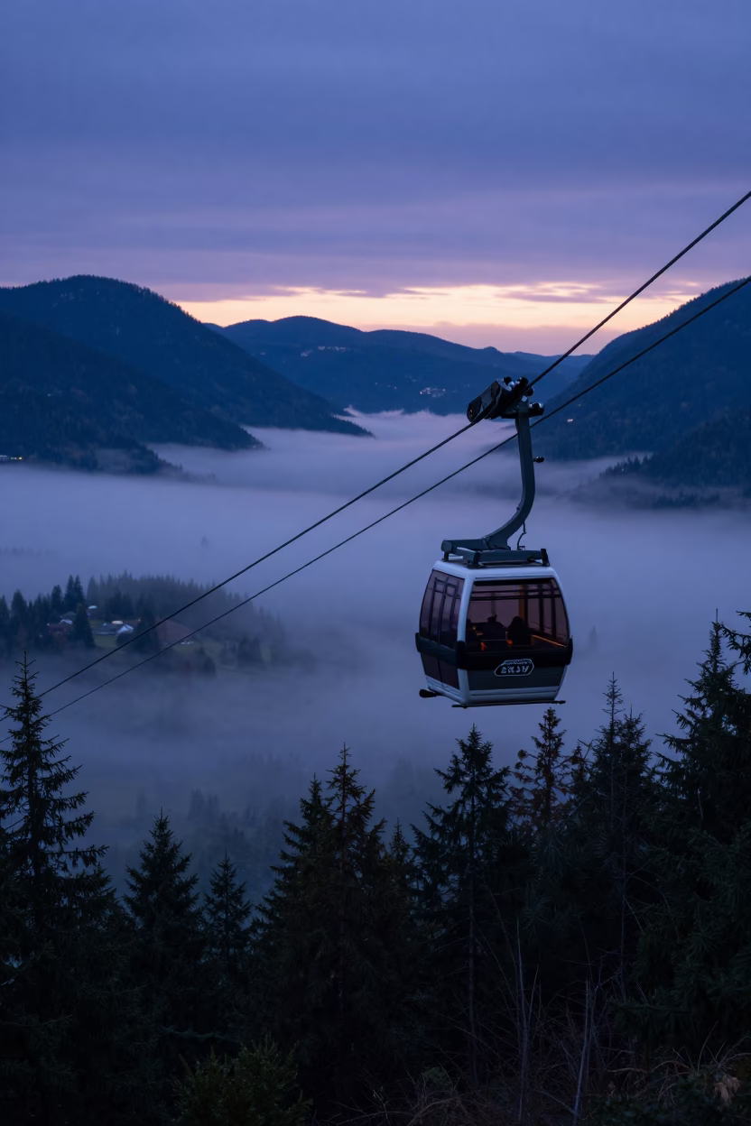 Pre-dawn Vancouver aerial tramway ascending foggy mountain valley in British Columbia in in Vancouver, British Columbia, Canada