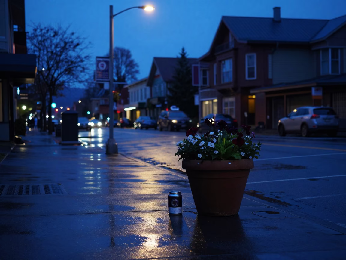 Pre-dawn Vancouver street corner with coffee tin and flowerpot near Granville Island in in Vancouver, British Columbia, Canada