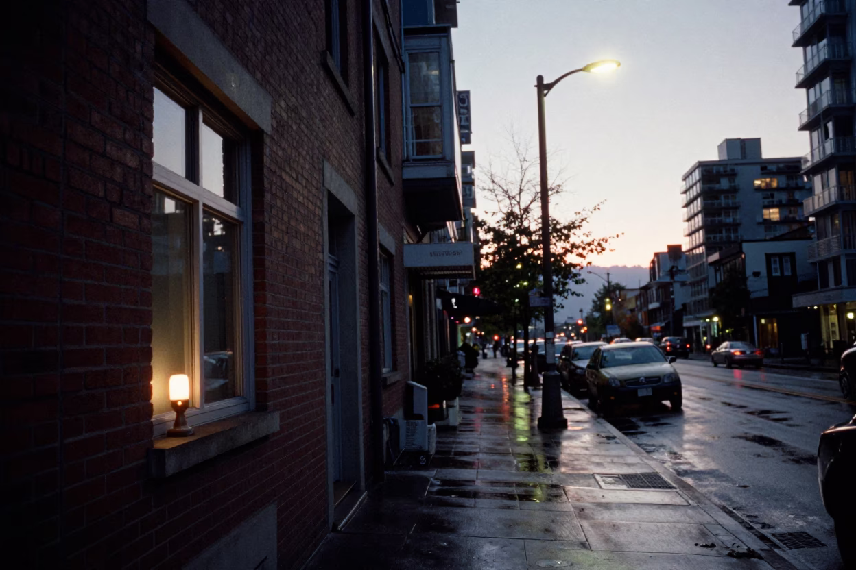 Pre-Dawn Vancouver Street Scene with Avocados and Night-Light in Rain in in Vancouver, British Columbia, Canada